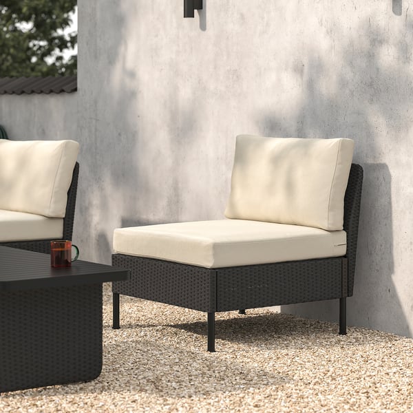 VITTSKÄR Modular easy chair, outdoor plastic rattan dark gray/Frösön/Duvholmen beige