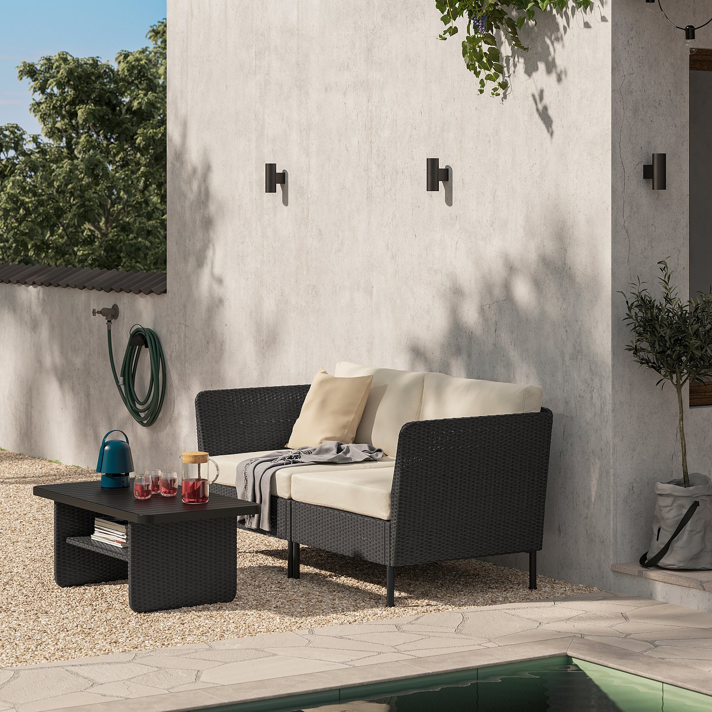VITTSKÄR modular loveseat, armrests outdoor/plastic rattan dark