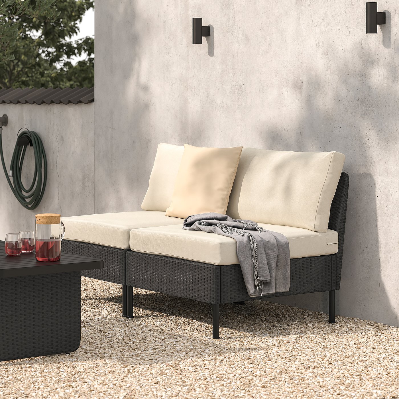 VITTSKÄR modular loveseat, outdoor plastic rattan dark gray/Frösön
