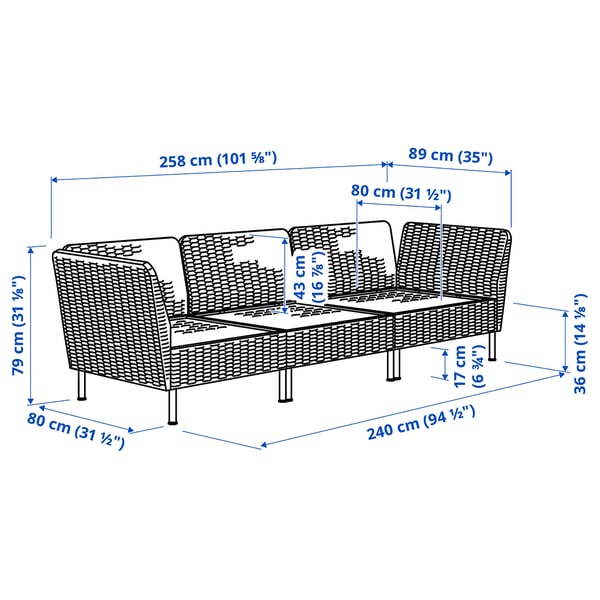 VITTSKÄR Sectional, 3-seat, armrests outdoor/plastic rattan dark gray