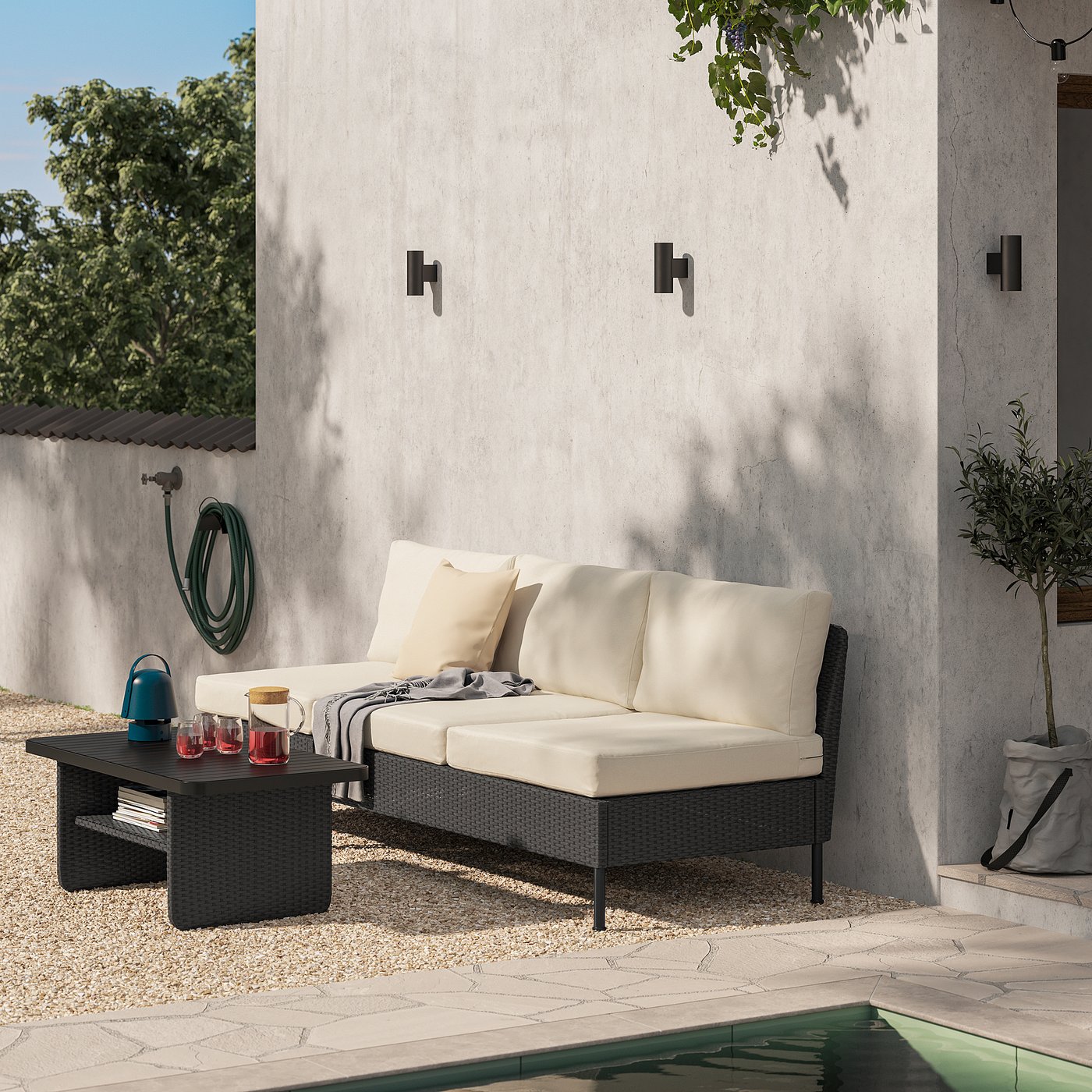 VITTSKÄR sofa, outdoor plastic rattan dark gray/Frösön/Duvholmen