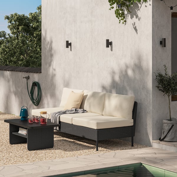 VITTSKÄR Sofa, outdoor plastic rattan dark gray/Frösön/Duvholmen beige