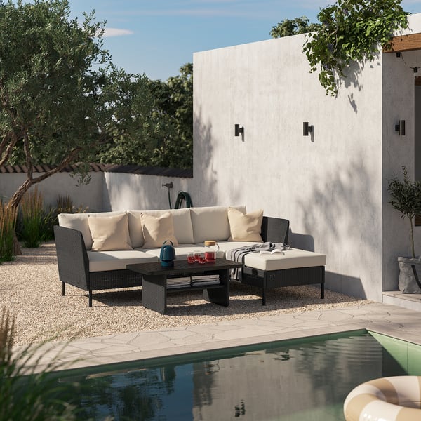 VITTSKÄR Sofa with chaise, armrests outdoor/plastic rattan dark gray Frösön/Duvholmen beige