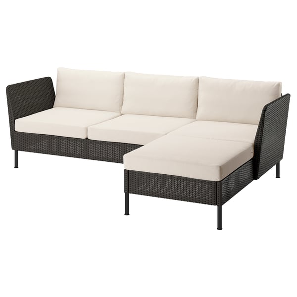 VITTSKÄR Sofa with chaise, armrests outdoor/plastic rattan dark gray Frösön/Duvholmen beige