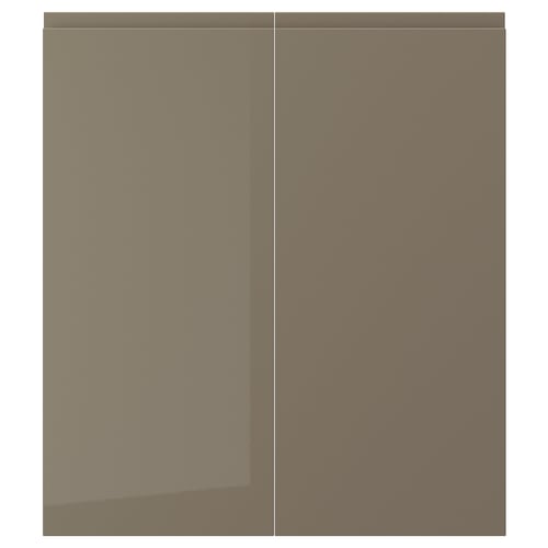 A sleek VOXTORP cabinet door with a dark grey-brown finish and smooth, glossy texture, featuring an integrated handle and a modern, minimalist design.