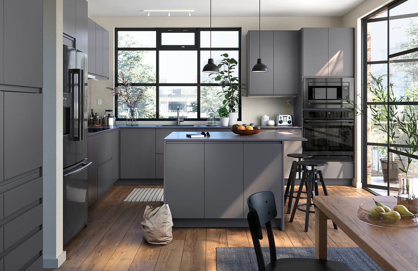 VOXTORP 2-p door/corner base cabinet set, right-handed dark gray