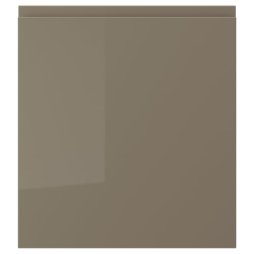 VOXTORP dark grey-brown glossy kitchen cabinet door, square shape with sleek, modern design and integrated handle.