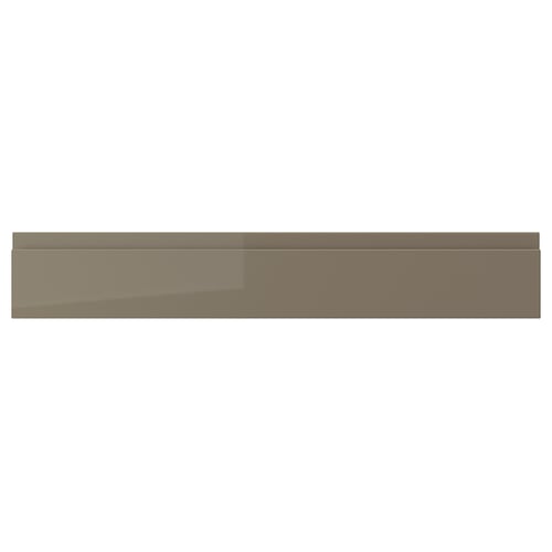 A dark grey-brown drawer front with a glossy finish by VOXTORP, featuring a sleek, modern design and integrated handle.