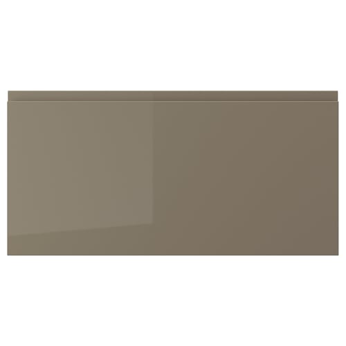 VOXTORP drawer front in dark grey-brown, glossy finish; sleek, modern design with integrated handle, no visible edges; smooth to touch.