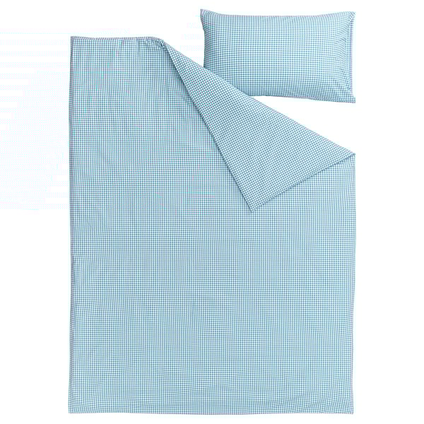 Blue chequered duvet cover and pillowcase, rectangular with lightweight fabric.