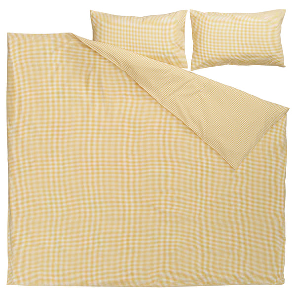 A yellow and white chequered seersucker duvet cover and pillowcase set named WEYMOUTHTALL, made from 50% viscose and 50% cotton.