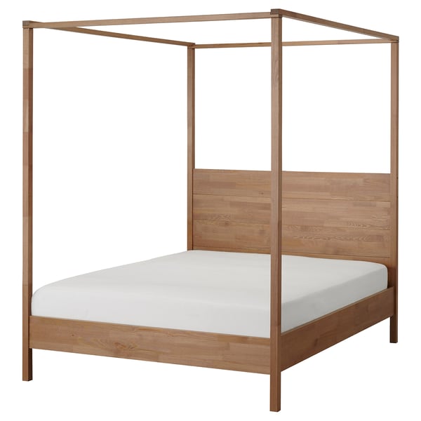 YTTERVÅG light wood four-poster bed, simple & elegant, adjustable bed sides, high headboard, solid pine.