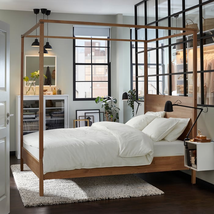 YTTERVÅG fourposter bed frame, graybrown/wood, Queen IKEA