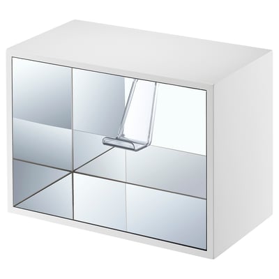 A white YXSTABY wall cabinet with mirrored doors and a clear holder. It is rectangular and modern in design.