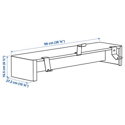 The YXSTABY shelf is light brown with white metal brackets. Its rectangular, simple, and modern.