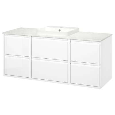 ÄNGSJÖN / BACKSJÖN Tocador de baño, alto brillo blanco/blanco efecto de mármol, 61x21 1/2x28 1/4 "