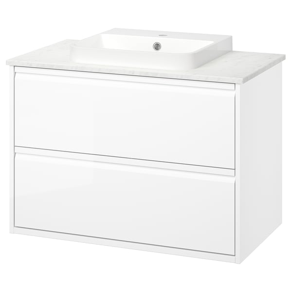 ÄNGSJÖN / BACKSJÖN Tocador de baño+cajones, alto brillo blanco/blanco efecto de mármol, 37x21 1/2x28 1/4 "