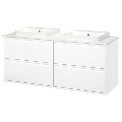 ÄNGSJÖN / BACKSJÖN Tocador de baño/lavamanos, alto brillo blanco/blanco efecto de mármol, 61x21 1/2x28 1/4 "