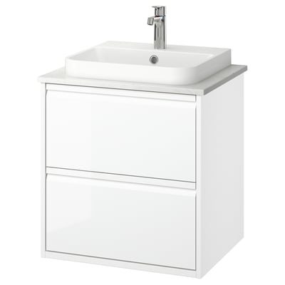 ÄNGSJÖN / BACKSJÖN Tocador de baño+lavamanos+grifo, alto brillo blanco/blanco efecto de mármol, 25x21 1/2x28 1/4 "