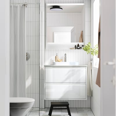 ÄNGSJÖN / BACKSJÖN Tocador de baño+lavamanos+grifo, alto brillo blanco/gris efecto de piedra, 31x21 1/2x28 1/4 "