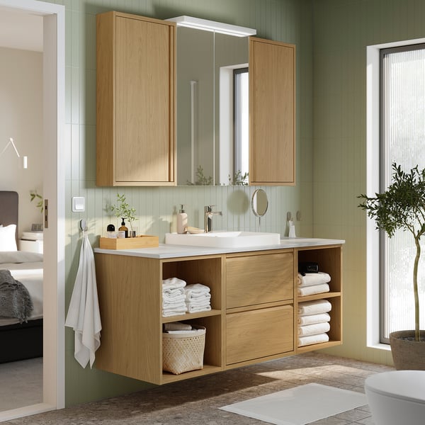 ÄNGSJÖN / BACKSJÖN Tocador de baño/lavamanos/grifo, efecto de roble/blanco efecto de mármol, 61x21 1/2x28 1/4 "