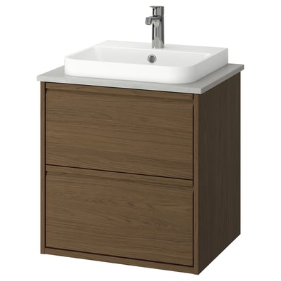 ÄNGSJÖN / BACKSJÖN Tocador de baño+lavamanos+grifo, marrón efecto de roble/gris efecto de piedra, 25x21 1/2x28 1/4 "