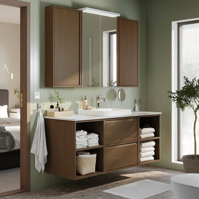 ÄNGSJÖN / BACKSJÖN Tocador de baño, marrón efecto de roble/blanco efecto de mármol, 61x21 1/2x28 1/4 "