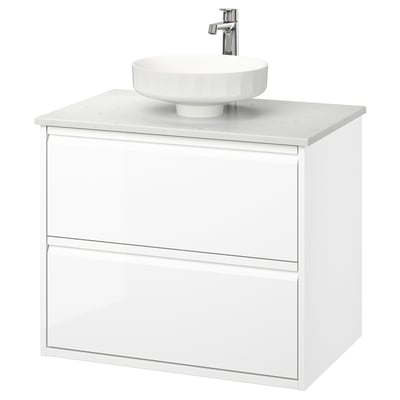 ÄNGSJÖN / LERSJÖN Tocador de baño+lavamanos+grifo, alto brillo blanco/blanco efecto de mármol, 31x21 1/2x31 3/8 "