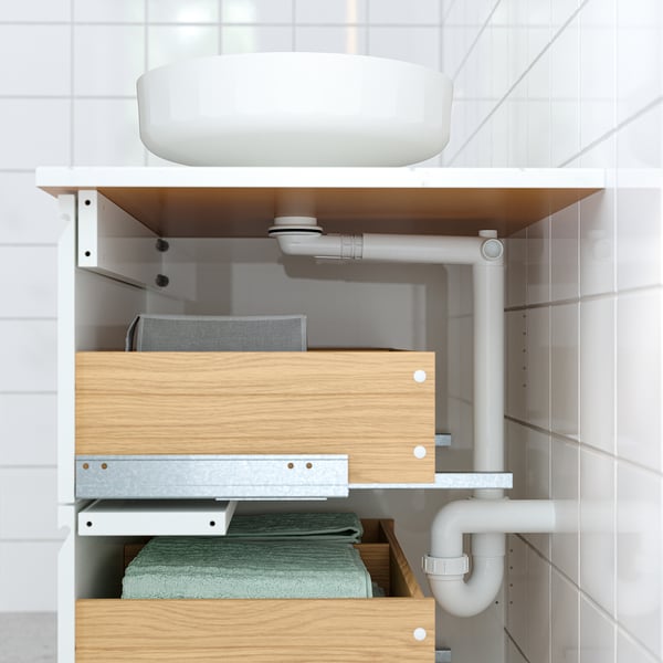 ÄNGSJÖN / LERSJÖN Tocador de baño+lavamanos+grifo, alto brillo blanco/blanco efecto de mármol, 25x21 1/2x31 3/8 "