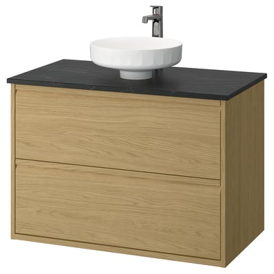 ÄNGSJÖN / LERSJÖN Tocador de baño+lavamanos+grifo, efecto de roble/negro efecto de mármol, 37x21 1/2x31 3/8 "