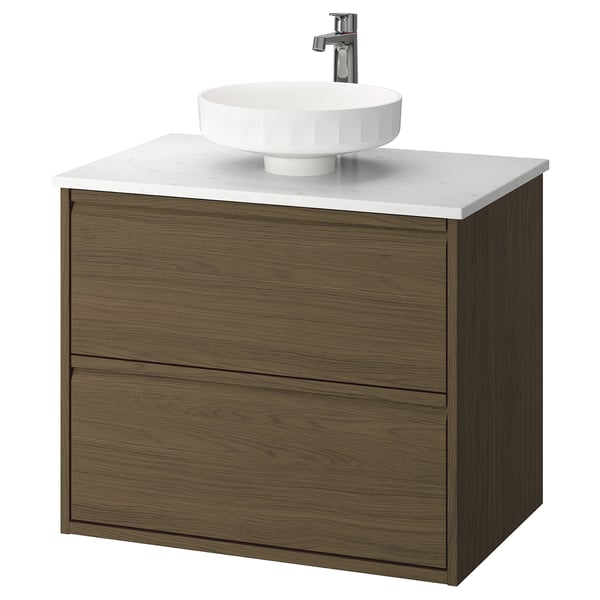 ÄNGSJÖN / LERSJÖN Tocador de baño+lavamanos+grifo, marrón efecto de roble/blanco efecto de mármol, 31x21 1/2x31 3/8 "