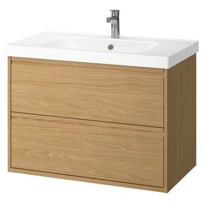 ÄNGSJÖN / ORRSJÖN Tocador de baño+lavamanos+grifo, efecto de roble, 37x21 3/4x27 5/8 "