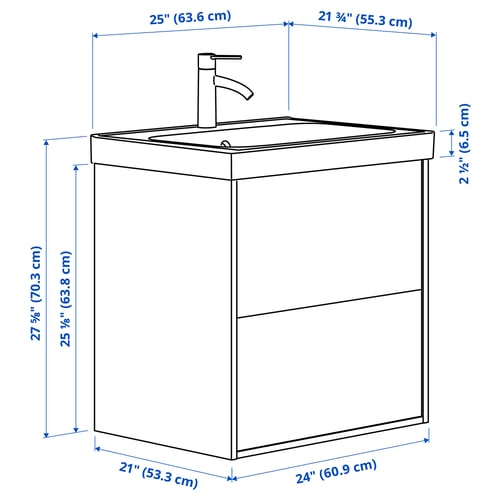 ÄNGSJÖN / ORRSJÖN Tocador de baño+lavamanos+grifo, efecto de roble, 25x21 3/4x27 5/8 "