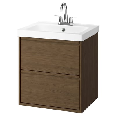 ÄNGSJÖN / ORRSJÖN Tocador de baño+lavamanos+grifo, marrón efecto de roble, 25x21 3/4x27 5/8 "