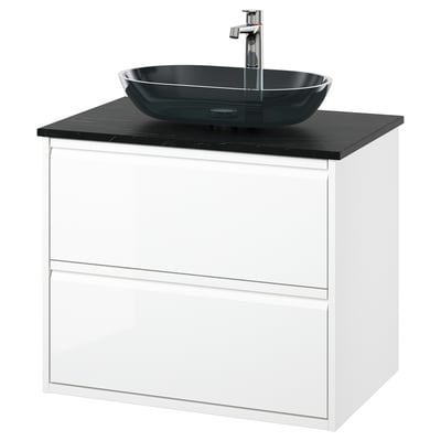 ÄNGSJÖN / OXMYREN Tocador de baño+lavamanos+grifo, alto brillo blanco/negro efecto de mármol, 31x21 1/2x30 5/8 "