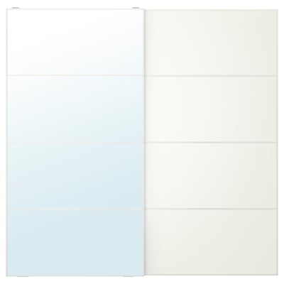 AULI / MEHAMN Par de puertas corredizas, blanco espejo de vidrio/doble cara blanco, 78 3/4x79 1/8 "