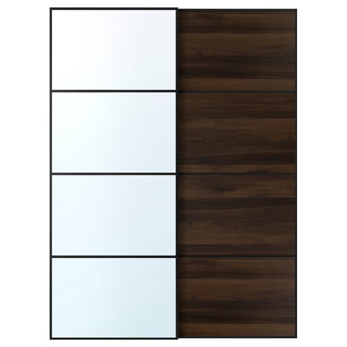 AULI / MEHAMN Par de puertas corredizas, negro espejo de vidrio/doble cara efecto roble en marrón oscuro, 59x79 1/8 "