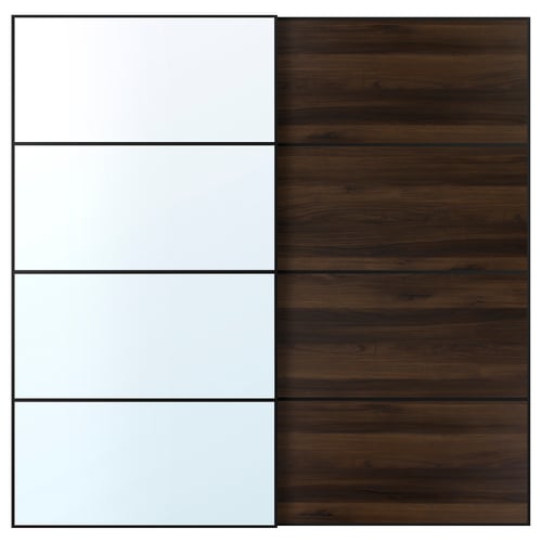 AULI / MEHAMN Par de puertas corredizas, negro espejo de vidrio/doble cara efecto roble en marrón oscuro, 78 3/4x79 1/8 "
