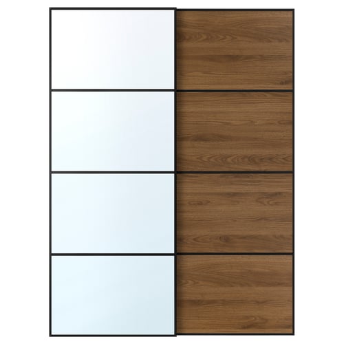 AULI / MEHAMN Par de puertas corredizas, negro espejo de vidrio/doble cara nogal, 59x79 1/8 "