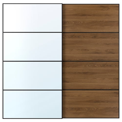 AULI / MEHAMN Par de puertas corredizas, negro espejo de vidrio/doble cara nogal, 78 3/4x79 1/8 "