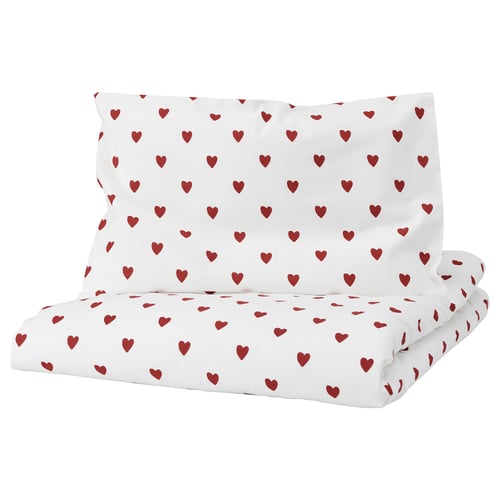 BARNDRÖM Funda nórdica+funda almohada cuna, motivo corazón/blanco rojo, 43 1/4x49 1/4/13 3/4x21 5/8 "