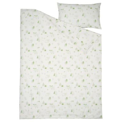 BARNDRÖM Funda nórdica+funda de almohada, blanco verde/bosque, Tamaño twin