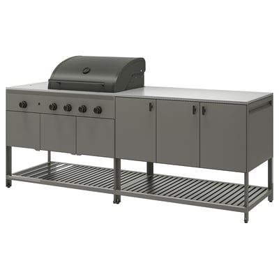 BÅTSKÄR Cocina exterior+parrilla gas, gris oscuro, 94 1/2x23 5/8 "