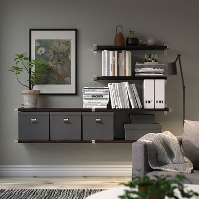 BERGSHULT / GRANHULT Combinación estante de pared, marrón-negro/niquelado, 63x11 3/4 "