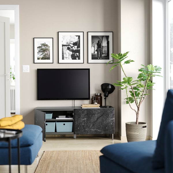 BESTÅ Banco para TV+puertas, gris oscuro/Bergsviken/Ösarp negro, 47 1/4x16 1/2x18 7/8 "