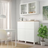 BESTÅ Comb almacenamiento+puertas/cajones, blanco Lappviken/Sindvik/Stubbarp vidrio transparente blanco, 47 1/4x16 1/2x94 1/2 "