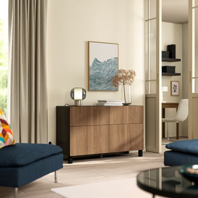 BESTÅ Comb almacenamiento+puertas/cajones, negro-marrón/Lappviken/Stubbarp efecto de nogal, 47 1/4x16 1/2x29 1/8 "