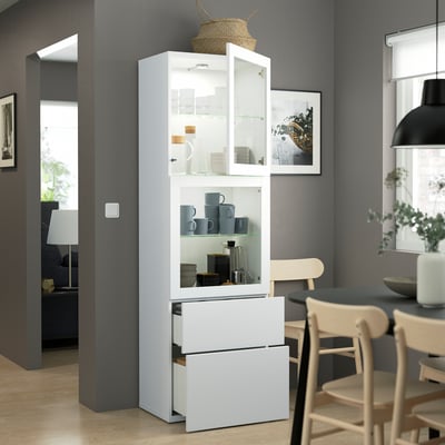 BESTÅ Comb almacenamiento+puertas vidrio, blanco/Lappviken vidrio transparente blanco, 23 5/8x16 1/2x76 "