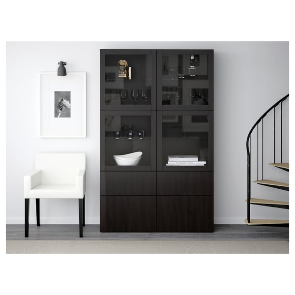 BESTÅ Comb almacenamiento+puertas vidrio, Lappviken/Sindvik vidrio transparente negro-marrón, 47 1/4x15 3/4x75 5/8 "
