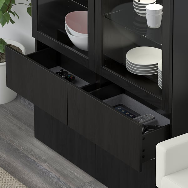 BESTÅ Comb almacenamiento+puertas vidrio, Lappviken/Sindvik vidrio transparente negro-marrón, 47 1/4x15 3/4x75 5/8 "